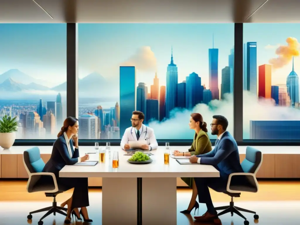 Reunión científica de expertos en nutrición Grupo diverso de profesionales discutiendo un estudio científico nutricional en una sala moderna con vista a la ciudad