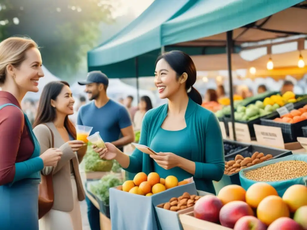 Degustación saludable en el mercado: diversidad y colaboración Grupo diverso prueba snacks saludables en mercado, mejorando con feedback