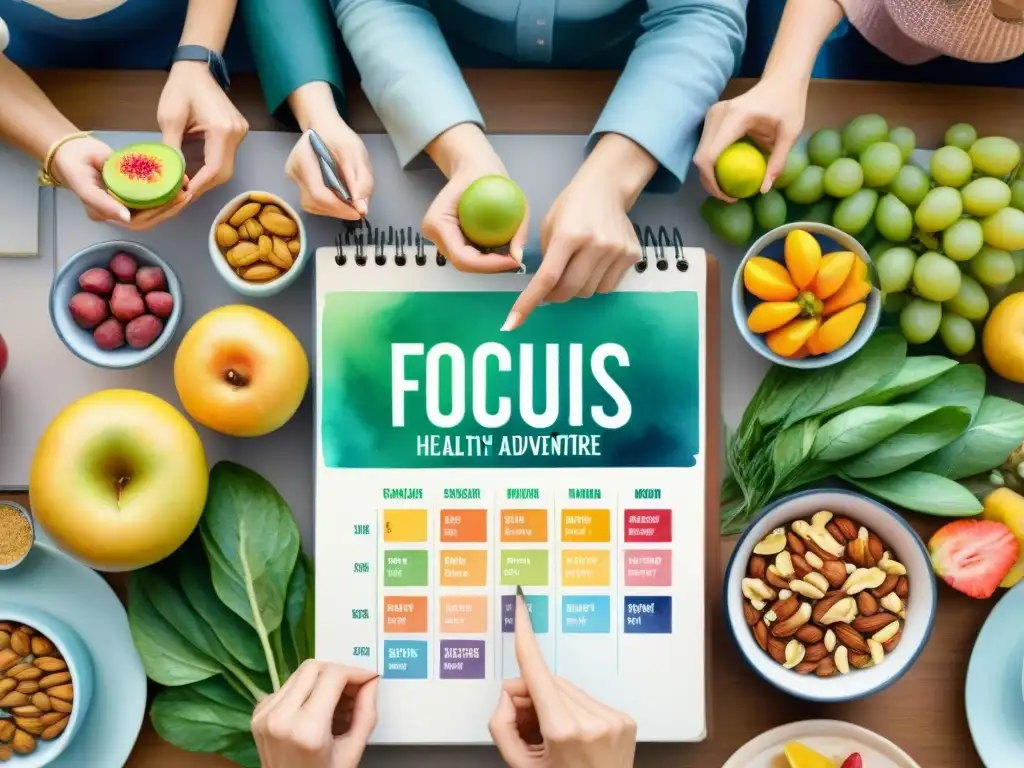 Planificación Snacks Saludables: Diversidad y Colorido Grupo diverso planifica snacks saludables con recetas y tips expertos