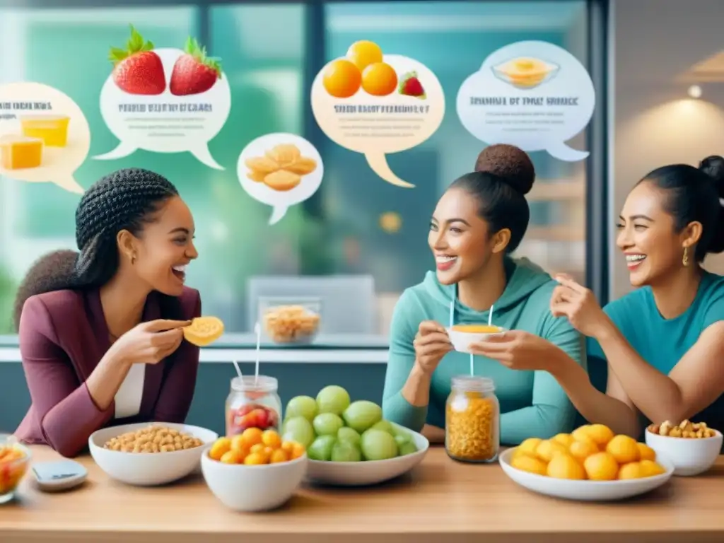 Sesión de feedback animada sobre snacks saludables en oficina moderna Grupo diverso mejora snacks saludables con feedback en oficina moderna