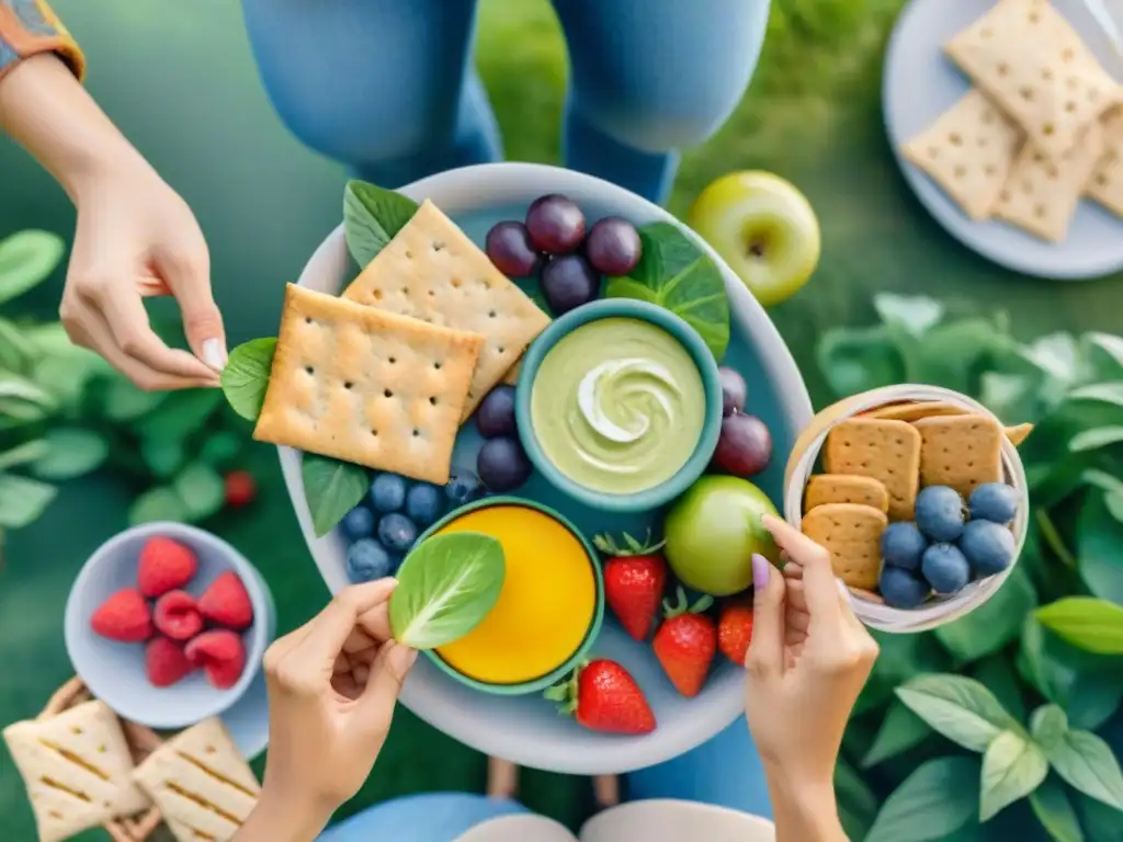 Pícnic saludable: diversidad y alegría en el parque Un grupo diverso disfruta de snacks saludables personalizados PlateJoy en un picnic alegre en un parque verde exuberante