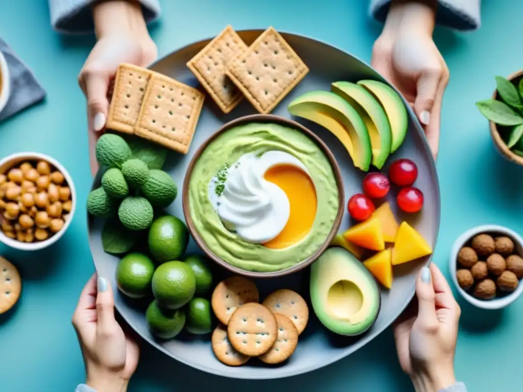 Snacks saludables del futuro: ilustración acuarela de personas diversas disfrutando de opciones innovadoras y nutritivas Un grupo diverso disfruta snacks saludables con toque biotecnológico, fusionando tecnología y naturaleza