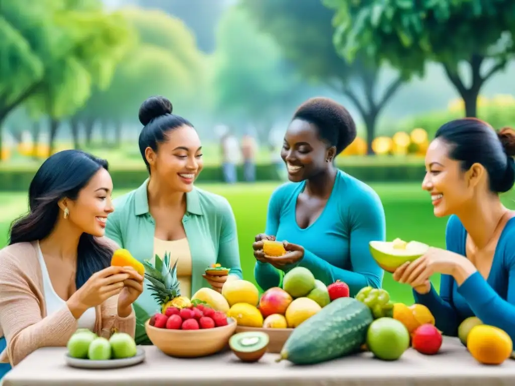 Disfrute saludable en el parque: diversidad de edades y etnias Un grupo diverso disfruta de snacks saludables en el parque, previniendo la diabetes tipo 2