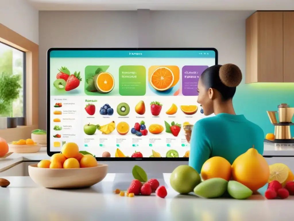 Selección saludable de snacks en app futurista Grupo feliz elige entre snacks saludables en app moderna