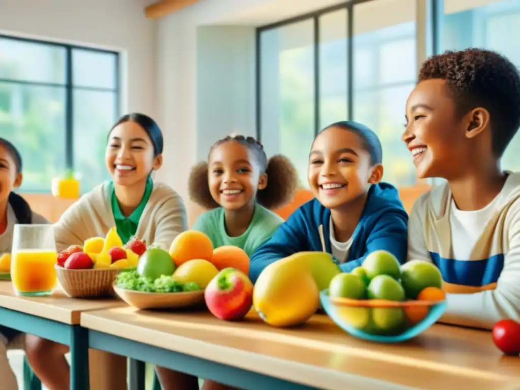 Niños felices disfrutando snacks saludables en aula luminosa Un grupo de niños diversos disfruta de snacks saludables en un alegre salón escolar con luz cálida