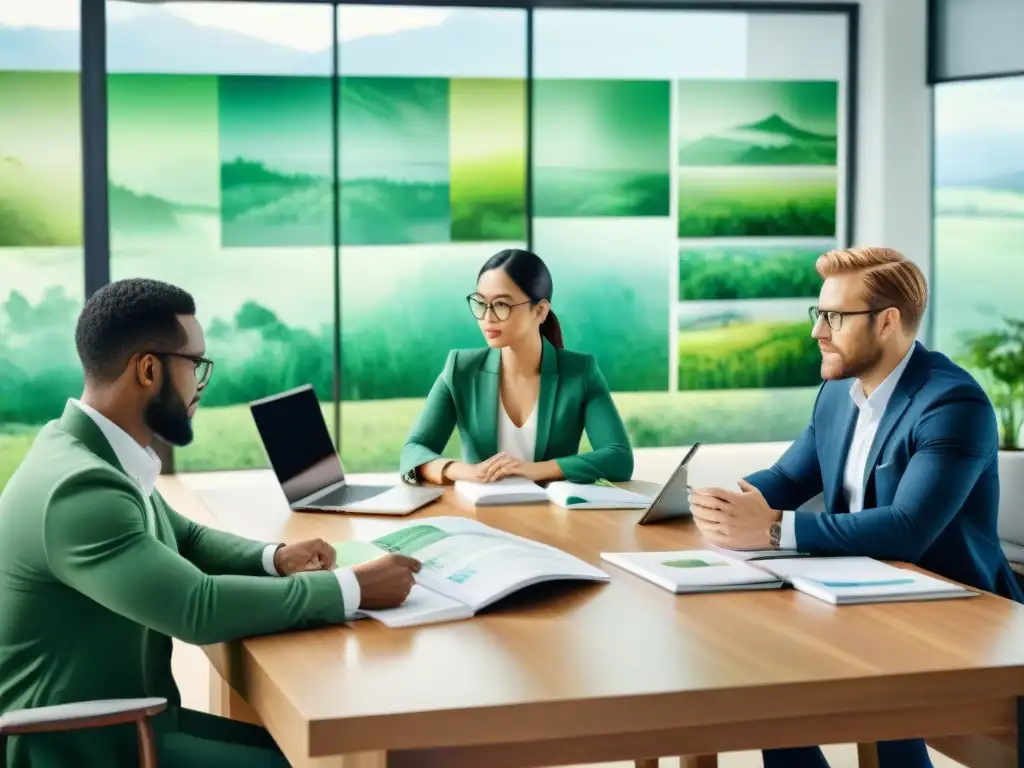 Reunión profesional: análisis colaborativo de expertos Un grupo de profesionales diversos discute estudios científicos de nutrición en una oficina moderna y luminosa
