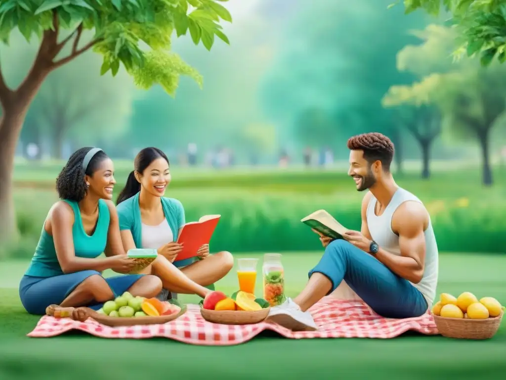Picnic saludable y diversión en el parque con snacks innovadores Grupo disfruta snacks saludables en parque verde: picnic, frisbee, lectura, comunidad y bienestar