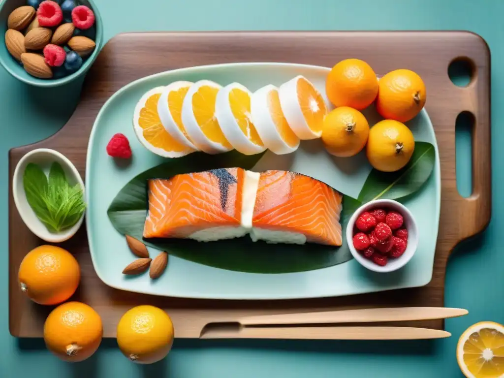 Deliciosos snacks con vitamina D en acuarela Una hermosa ilustración detallada en acuarela de snacks saludables con vitamina D: sushi de salmón, cereal fortificado con yogurt y frutas, naranjas y almendras en un plato de madera