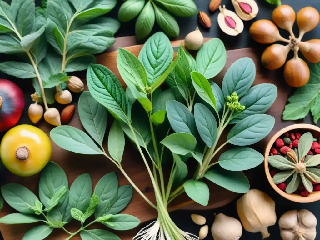 Arte botánico: adaptógenos en acuarela Un hermoso bodegón de snacks saludables con adaptógenos, resaltando la belleza de la naturaleza