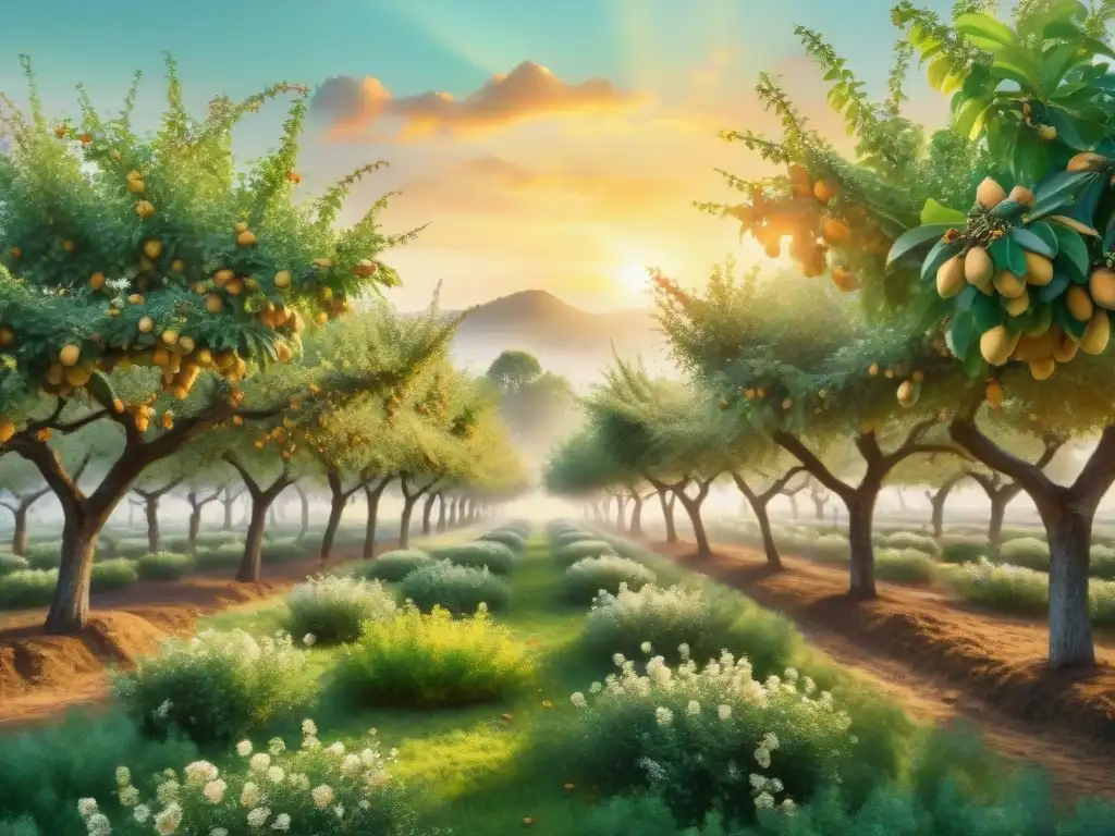 Orquídea orgánica: huerto de nueces al atardecer Un hermoso huerto de frutos secos orgánicos saludables snacks bañado por la cálida luz del atardecer, con abejas revoloteando entre las flores