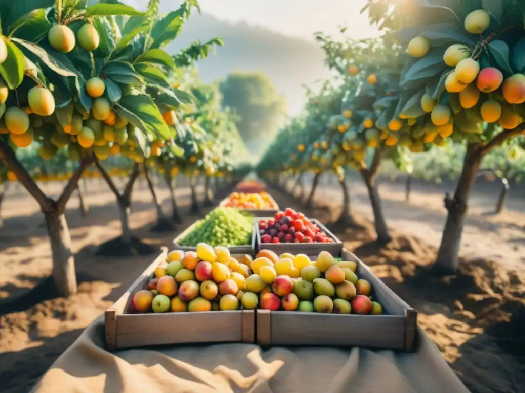 Orchard de frutas orgánicas: cosecha y secado al sol Un hermoso huerto orgánico con frutas deshidratadas, reflejando la producción de snacks saludables