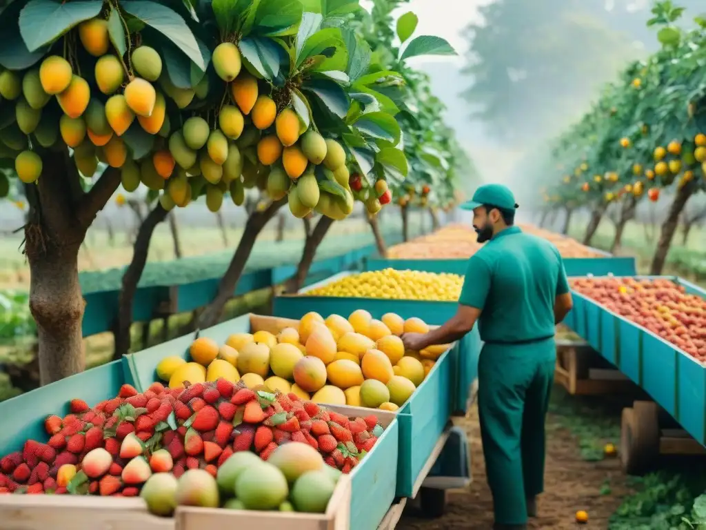 Orquídea orgánica: cosecha y deshidratación de frutas Un hermoso huerto orgánico lleno de frutas, con trabajadores preparando snacks saludables frutas deshidratadas orgánicas