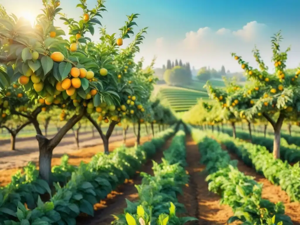 Arboleda frutal orgánica: ilustración acuarela vibrante Un hermoso huerto orgánico rebosante de frutas listas para cosechar
