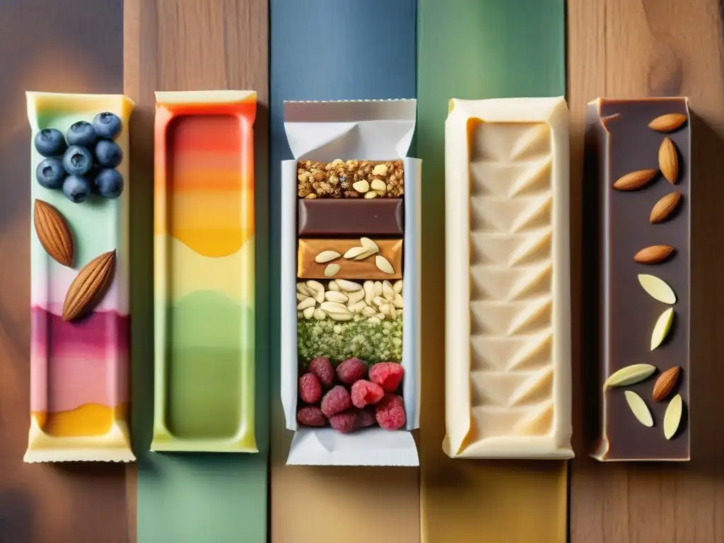 Barras nutricionales detalladas en acuarela Una ilustración detallada en acuarela de barras nutricionales variadas y coloridas sobre una mesa rústica de madera, perfecta para dieta