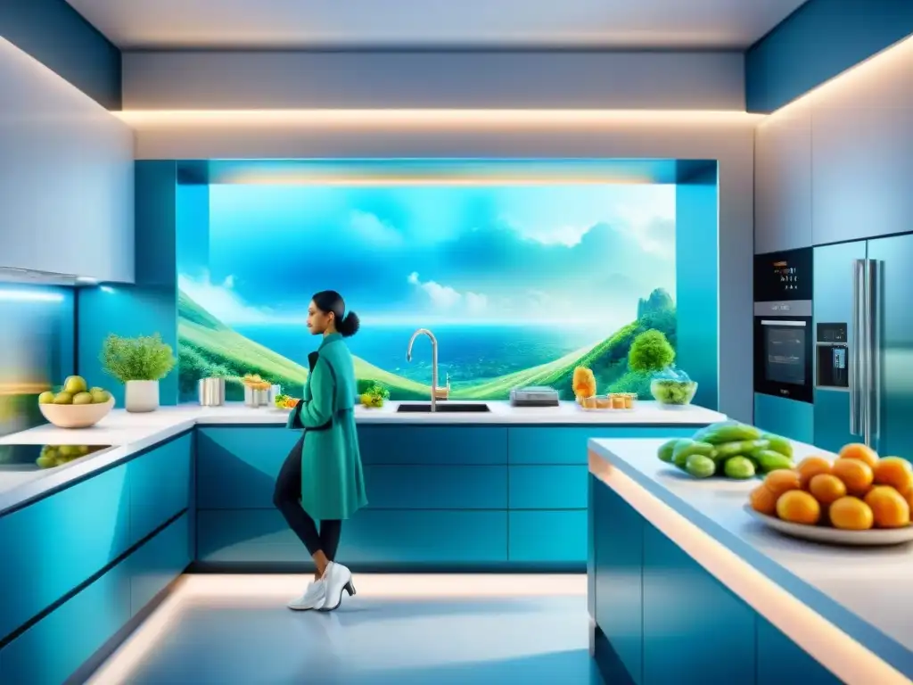 Cocina futurista con inteligencia artificial para refrigerios saludables Una ilustración detallada en acuarela de una cocina futurista con tecnología de inteligencia artificial en snacks saludables