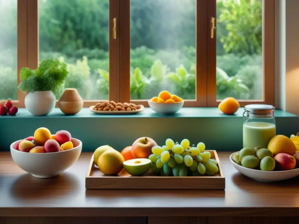 Cocina saludable: bodegón de snacks coloridos en acuarela Una ilustración detallada en acuarela de una cocina serena y acogedora llena de snacks saludables para combatir la ansiedad alimentaria