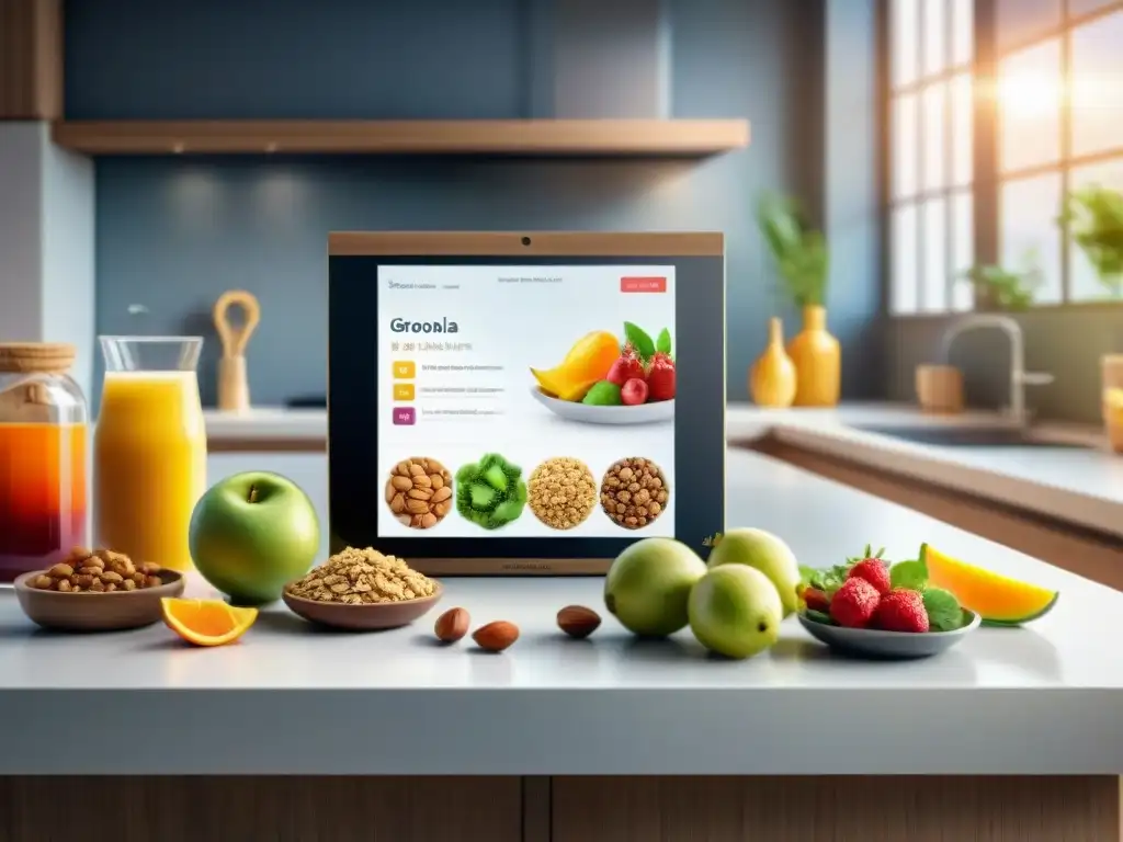 Snacks saludables en cocina moderna con IA Una ilustración detallada en acuarela de una encimera de cocina moderna llena de snacks saludables y coloridos