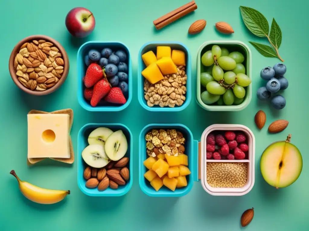 Deliciosos snacks saludables en acuarela Una ilustración detallada en acuarela de envases reutilizables con snacks saludables variados como frutas, frutos secos y barras de granola