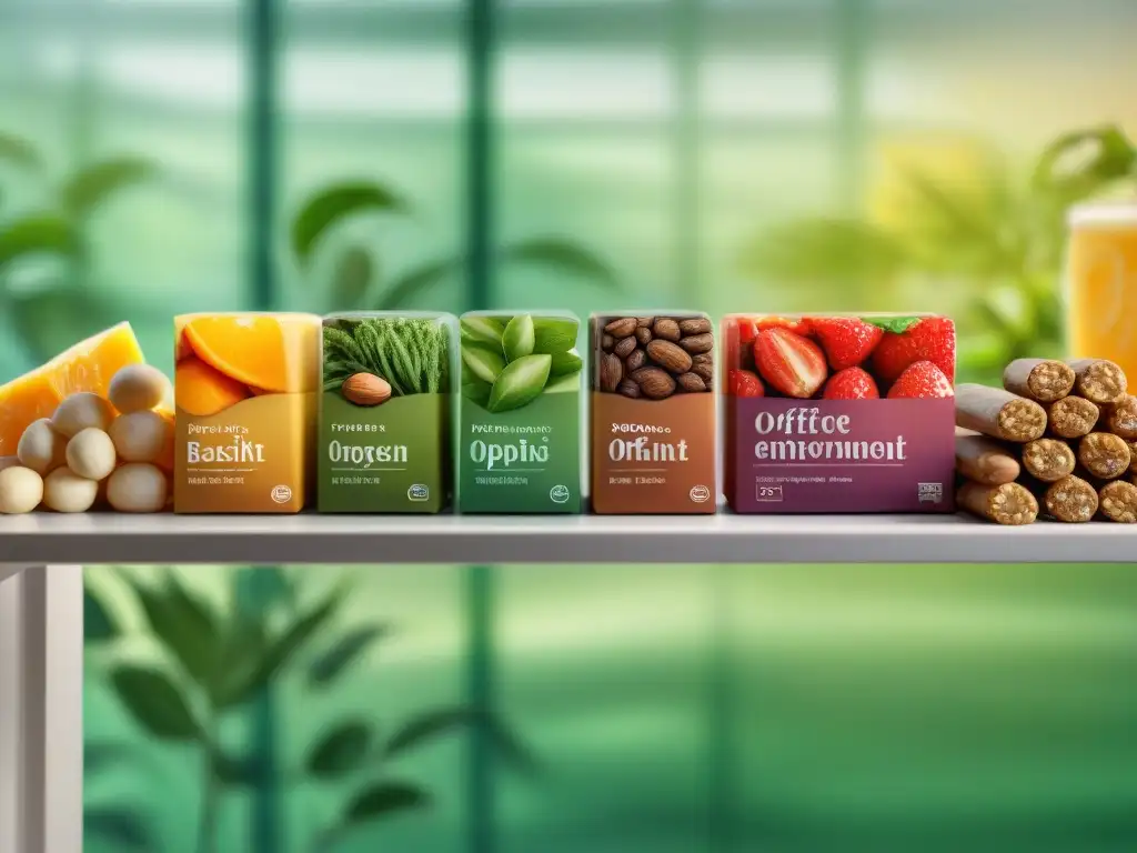 Barras nutritivas coloridas en moderno escritorio de oficina Una ilustración detallada en acuarela de un escritorio moderno con barras nutricionales coloridas y tentadoras, en una oficina vibrante