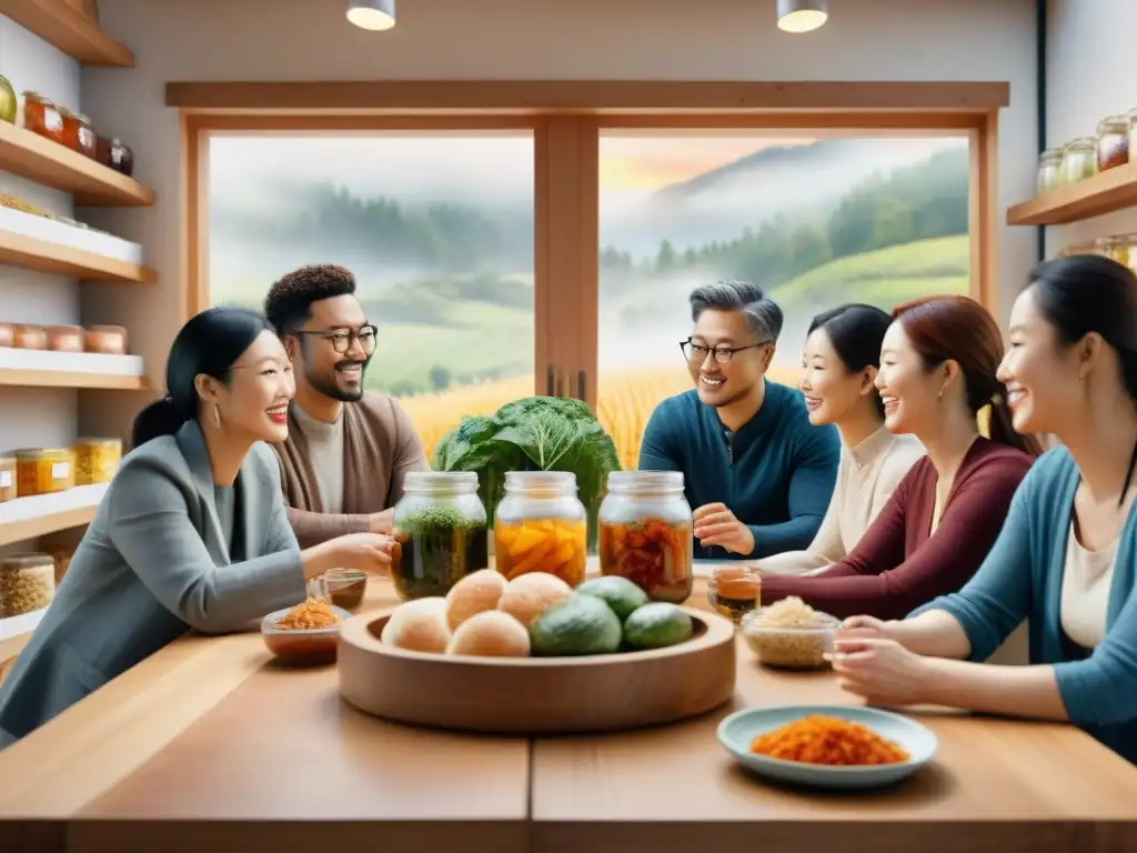 Expertos en alimentos fermentados comparten saberes Una ilustración detallada acuarela de expertos en snacks saludables fermentados reunidos alrededor de una mesa, discutiendo animadamente