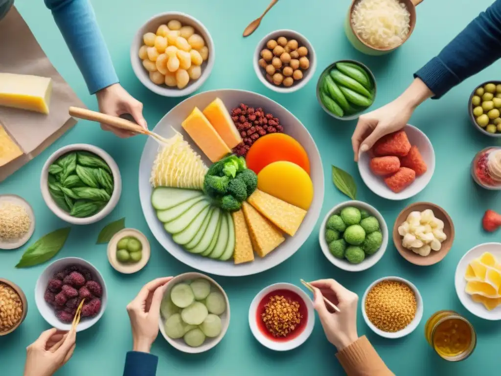 Expertos en nutrición analizan snacks fermentados Una ilustración detallada en acuarela de expertos en alimentos saludables fermentados discutiendo variedad de snacks