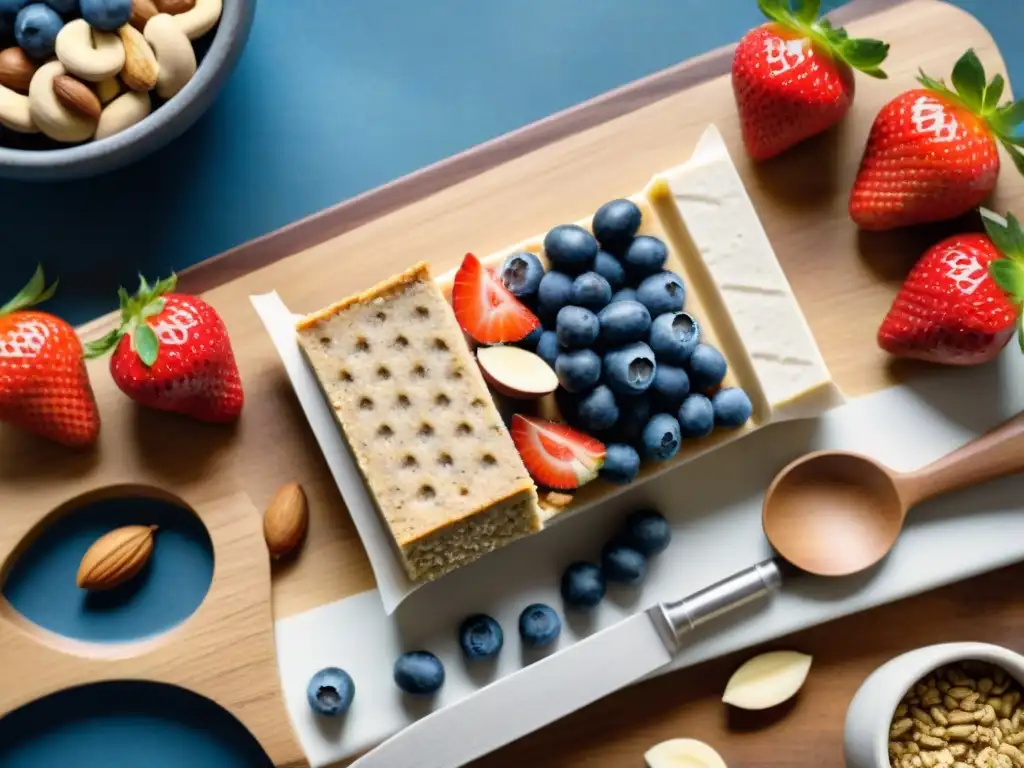 Deliciosas frutas y frutos secos junto a barras de proteínas vegetales Una ilustración detallada en acuarela de frutas y frutos secos coloridos, junto a barras de proteínas vegetales