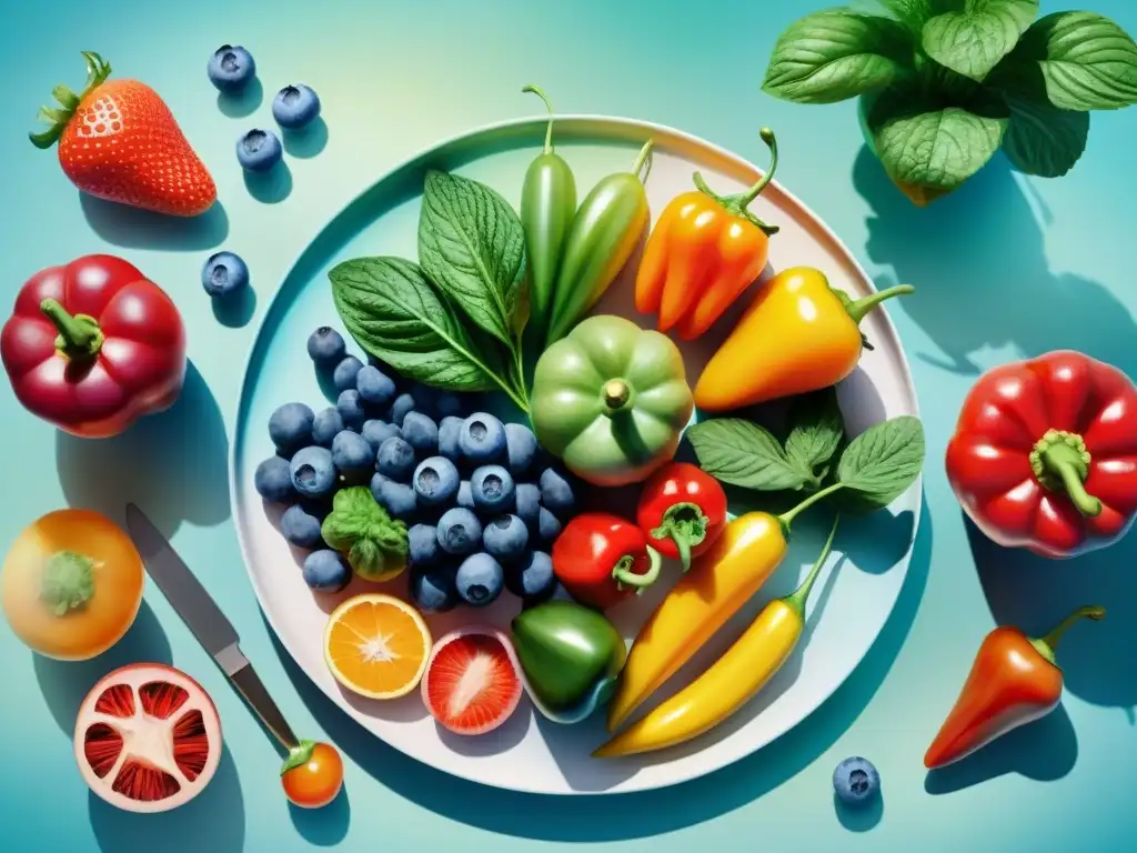 Plato de snacks futurista con frutas y verduras genéticamente mejoradas Una ilustración detallada en acuarela de frutas y verduras genéticamente mejoradas en un plato de snacks futurista