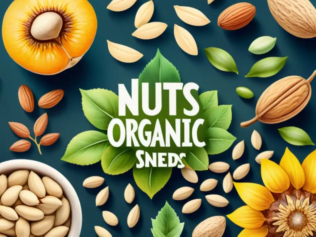 Delicada ilustración acuarela de nueces y semillas orgánicas detalladas Una ilustración detallada en acuarela de frutos secos orgánicos saludables snacks con almendras, nueces, anacardos, semillas de calabaza y girasol