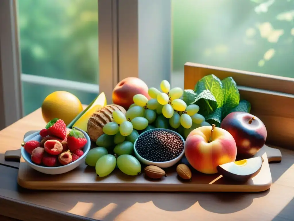 Plato vegano: abundancia de color y nutrición Una ilustración detallada en acuarela de una generosa bandeja de snacks veganos saludables y equilibrados