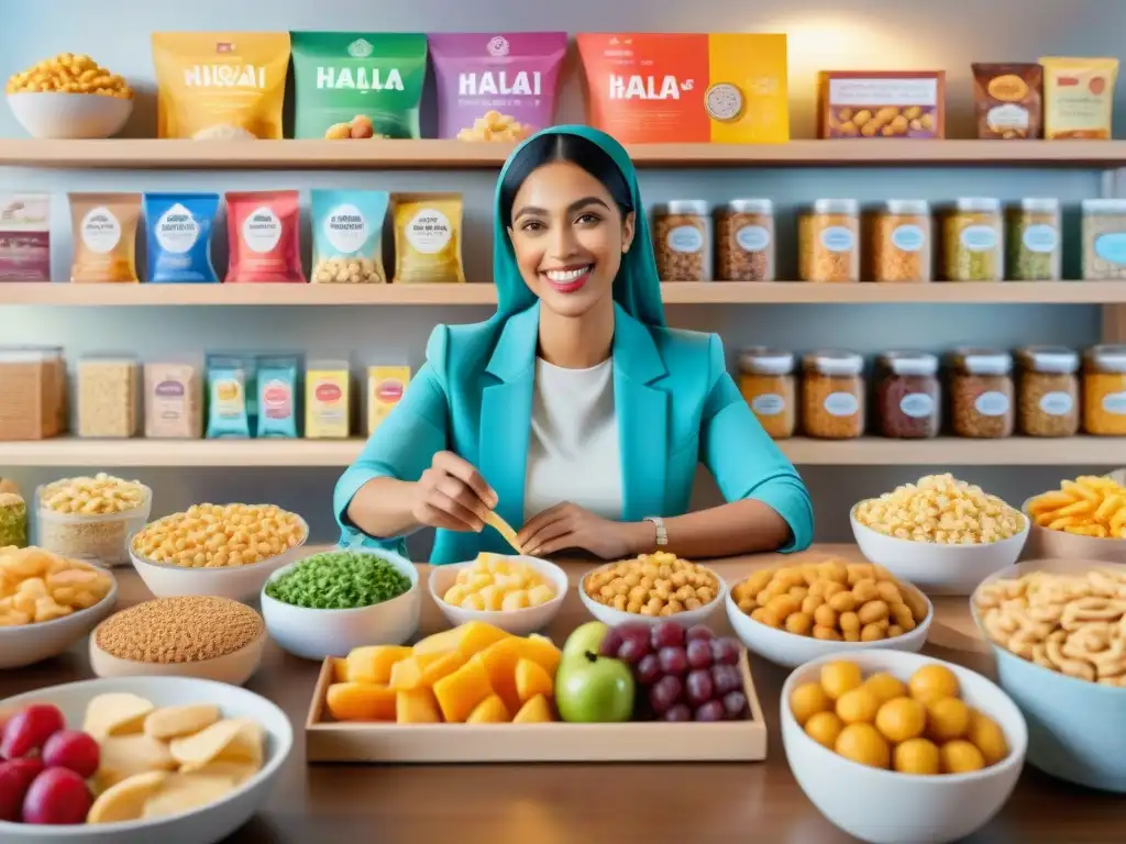 Una ilustración detallada en acuarela de un grupo diverso de personas disfrutando de snacks saludables con certificaciones halal y kosher