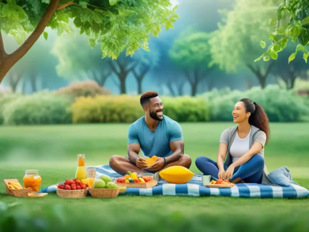 Pícnic saludable en el parque: diversidad, felicidad y bienestar Una ilustración detallada en acuarela de un grupo diverso de personas disfrutando de snacks saludables en un parque, transmitiendo alegría y comunidad