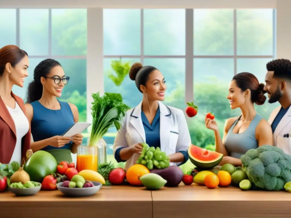 Equipo multidisciplinario en discusión sobre nutrición Una ilustración detallada en acuarela de un grupo diverso compartiendo ideas sobre nutrición, rodeados de frutas, verduras y gráficos