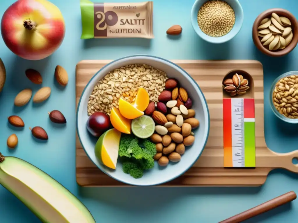 Tablero de ingredientes saludables: equilibrio y color en acuarela Una ilustración detallada en acuarela de ingredientes saludables en tabla de madera con cinta métrica