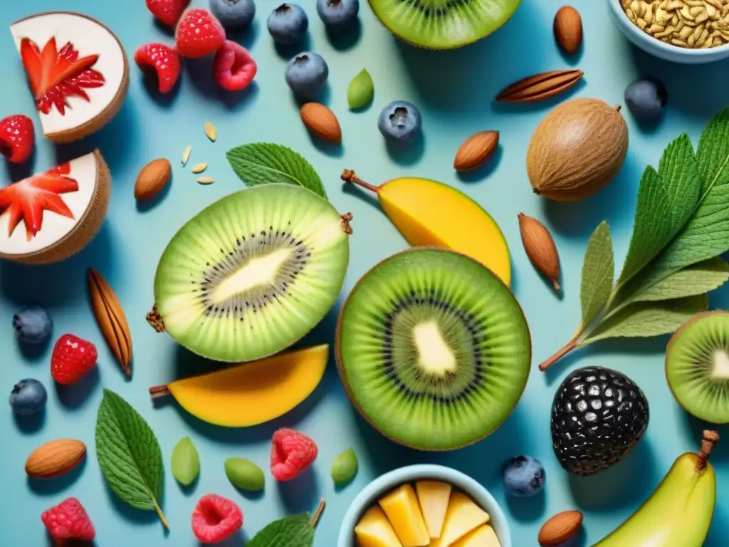 Ingredientes frescos y vibrantes para snacks saludables Una ilustración detallada en acuarela de ingredientes innovadores para snacks saludables, como frutas vibrantes y frutos secos variados