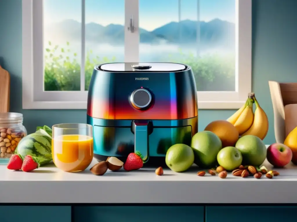 Cocina moderna: ingredientes frescos y tecnología innovadora Una ilustración detallada en acuarela de una moderna encimera de cocina llena de ingredientes frescos y coloridos, junto a gadgets de cocina de alta tecnología