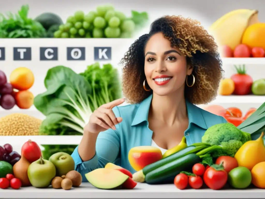 Clase de alimentación saludable: nutricionista enseña a jóvenes Una ilustración detallada en acuarela de una nutricionista enseñando un curso sobre hábitos alimenticios saludables a un grupo diverso de estudiantes
