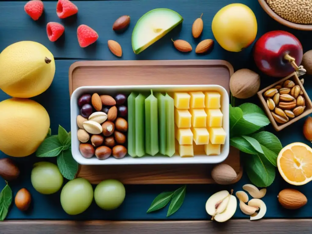 Deliciosas opciones de snacks saludables en acuarela Una ilustración detallada en acuarela de opciones de snacks saludables, con frutas vibrantes, nueces y barras de granos enteros en una mesa de madera rústica y vegetación fresca de fondo