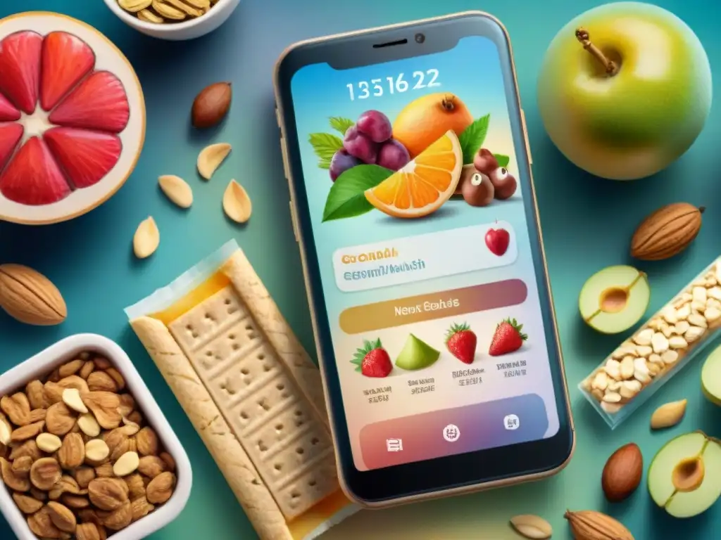 Selección de snacks saludables en pantalla: ilustración acuarela detallada Una ilustración detallada en acuarela de una pantalla de smartphone mostrando opciones coloridas de snacks saludables como frutas, frutos secos y barras de granola