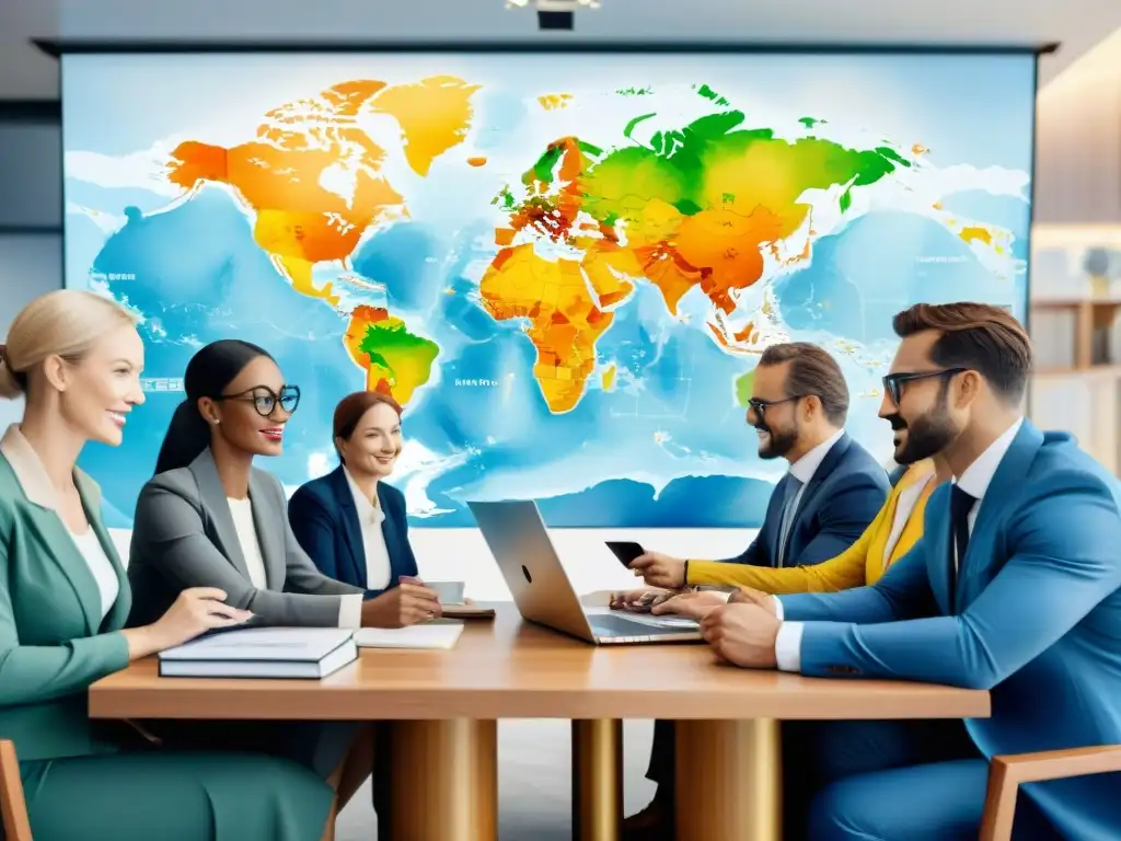 Reunión de negocios internacionales: mapa mundial y colaboración Una ilustración detallada en acuarela de personas en traje de negocios en una reunión profesional alrededor de una mesa, con un mapa mundial de fondo