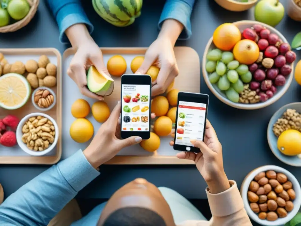 Exploración saludable de snacks con tecnología Una ilustración detallada en acuarela de personas diversas usando smartphones y tablets para explorar opciones saludables de snacks