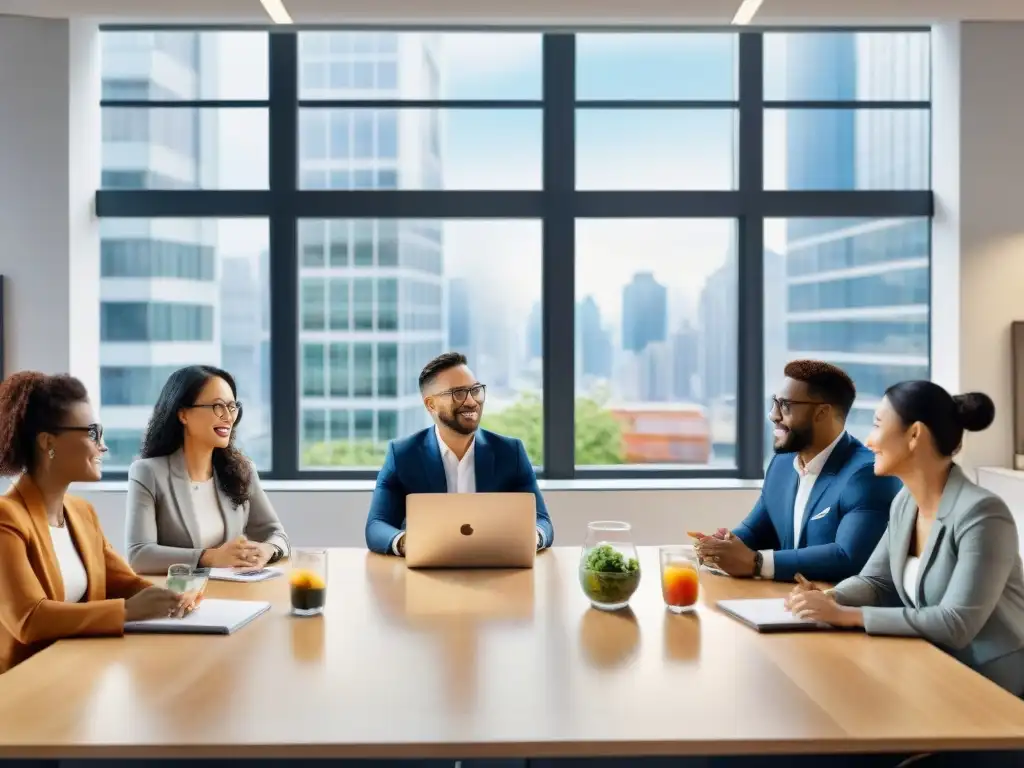 Reunión multicultural en oficina moderna Una ilustración detallada en acuarela de profesionales de oficina diversos disfrutando de snacks saludables fermentados en una reunión productiva