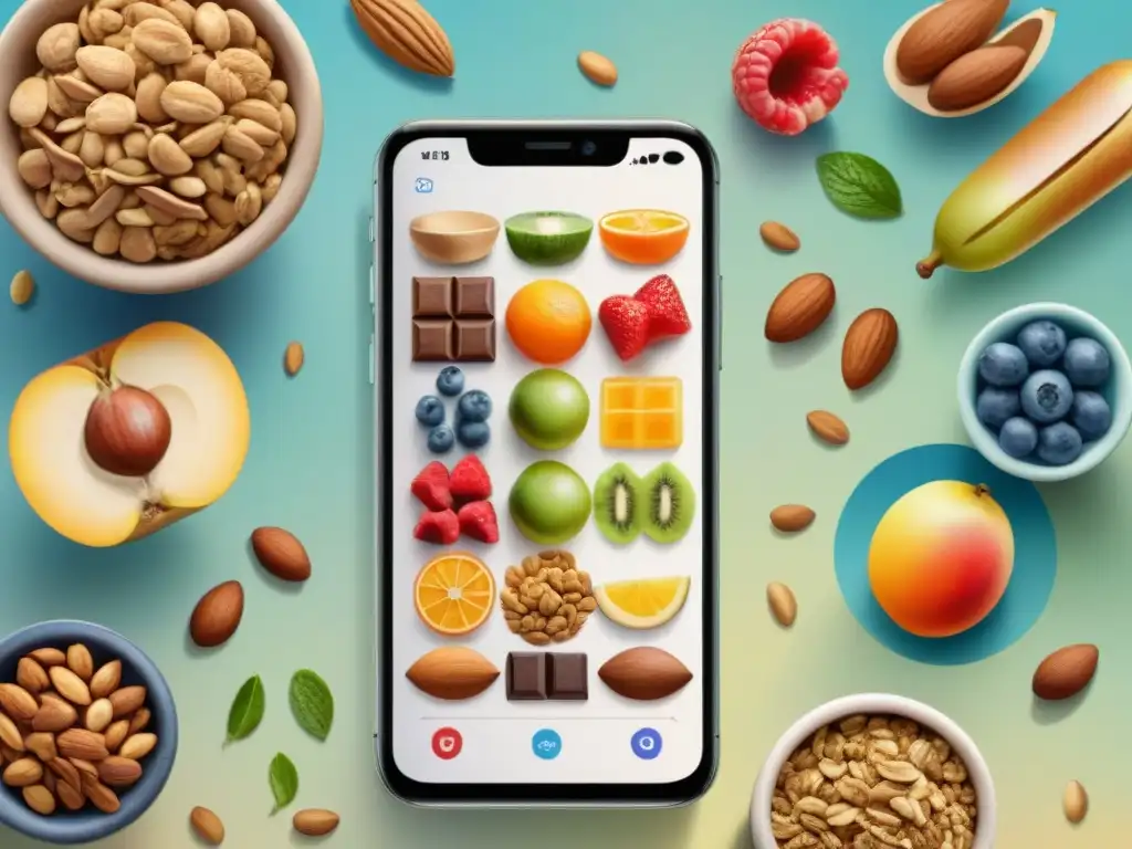 Smartphone y snacks saludables: la fusión digital-natural Una ilustración detallada en acuarela de un smartphone rodeado de opciones de snacks saludables vibrantes, como nueces, frutas y barras de granola