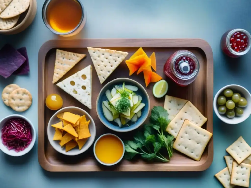 Delicias Fermentadas: Arte en Platos de Fermentación Coloridos Una ilustración detallada en acuarela de snacks fermentados saludables y sostenibles en un plato de madera