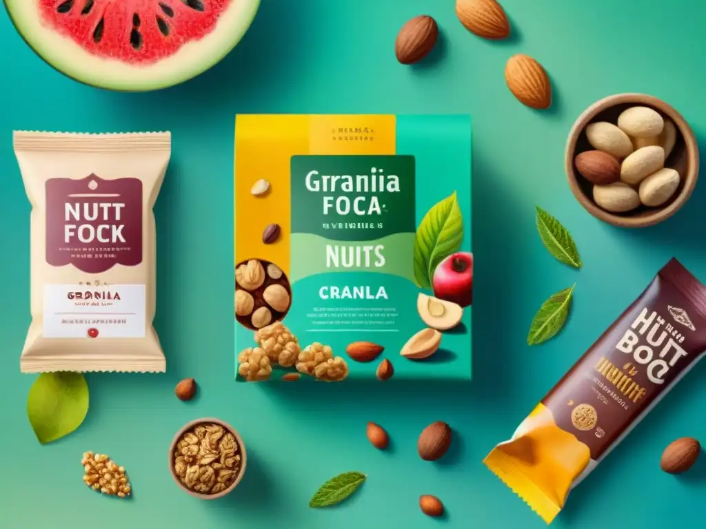 Deliciosos snacks saludables en envases ecofriendly Una ilustración detallada en acuarela de snacks saludables en envases ecofriendly, resaltando colores vibrantes y texturas naturales