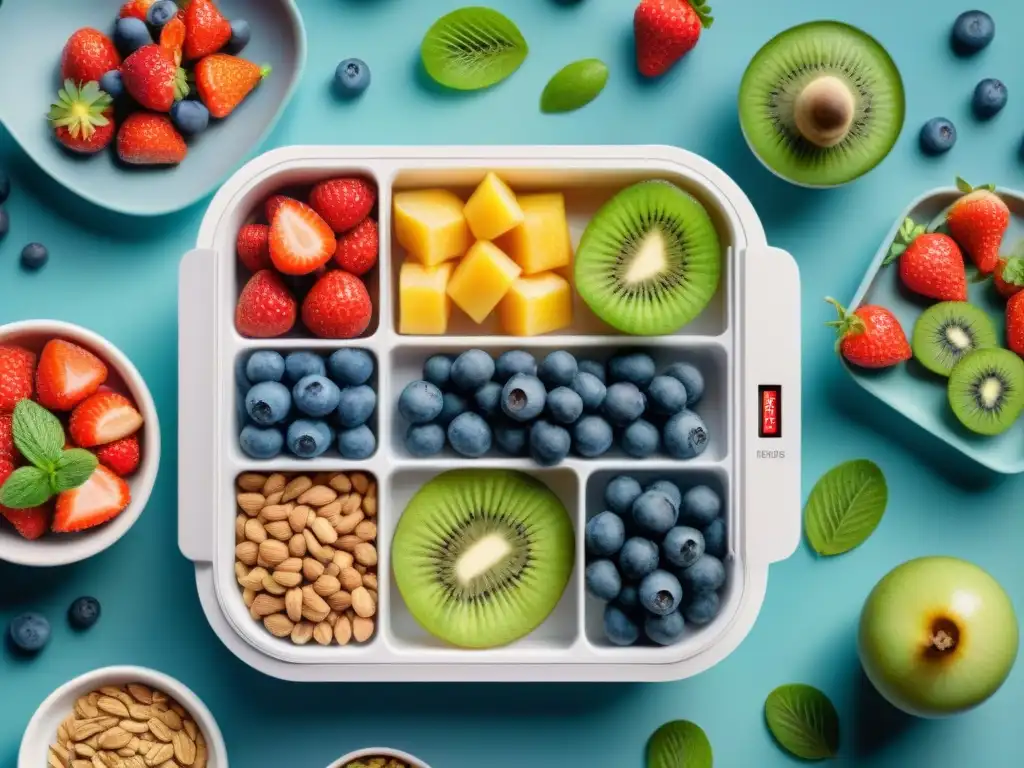 Snacks saludables en selladora al vacío: ilustración acuarela Una ilustración detallada en acuarela de snacks saludables envasados al vacío con frutas vibrantes y frutos secos