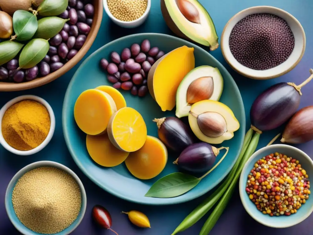 Delicias Andinas: Ilustración acuarela de superalimentos peruanos Una ilustración detallada en acuarela de snacks saludables con superfoods peruanos, resaltando la diversidad y colores vibrantes de la región andina
