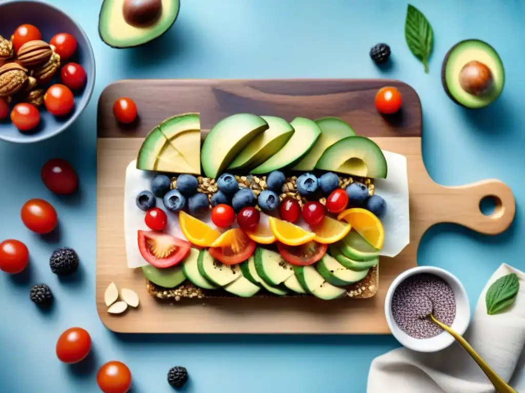 Una ilustración detallada en acuarela de snacks saludables innovadores y deliciosos, presentados de forma artística en una tabla de madera