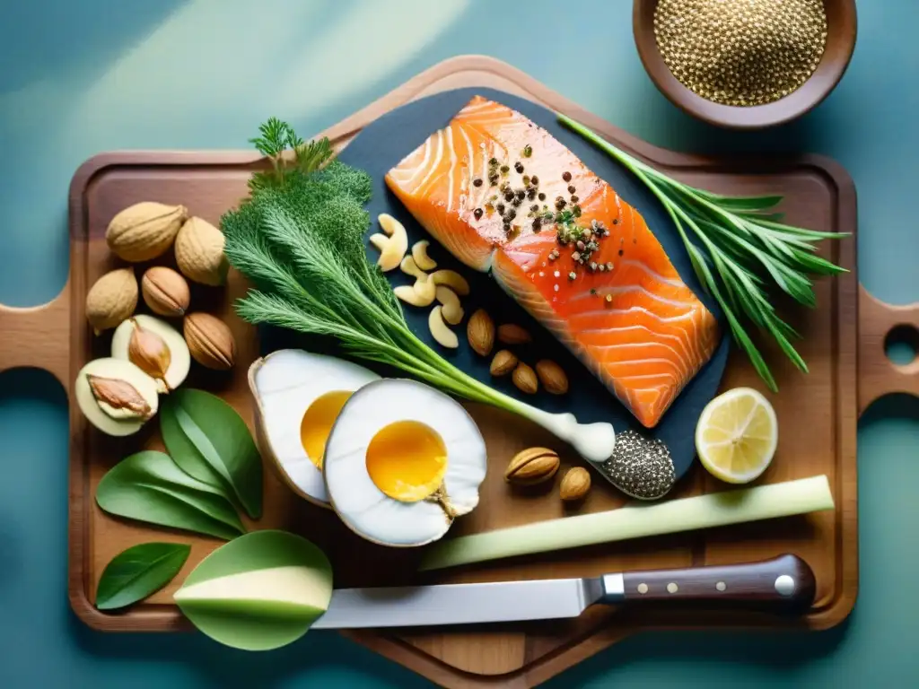 Bodegón de snacks saludables ricos en omega3 Una ilustración detallada en acuarela de snacks saludables ricos en omega3, como nueces, semillas de chía y salmón, dispuestos en una tabla de madera