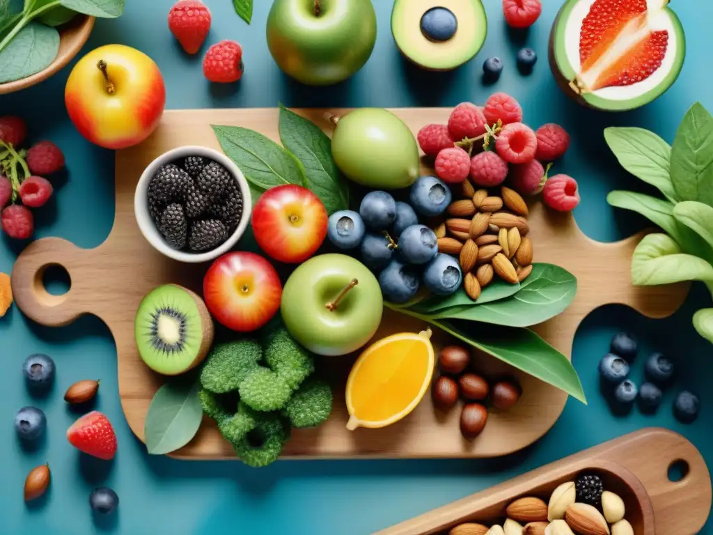 Delicias saludables: ilustración acuarela de superalimentos Una ilustración detallada en acuarela de snacks saludables con superalimentos antioxidantes, resaltando su frescura y belleza natural