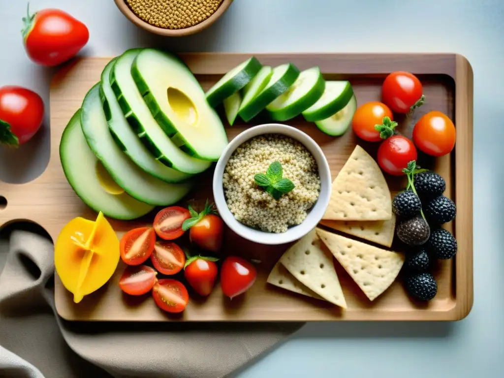 Bodegón vegano: snacks saludables y coloridos en tabla de madera Una ilustración detallada en acuarela de snacks veganos saludables y equilibrados en tabla de madera